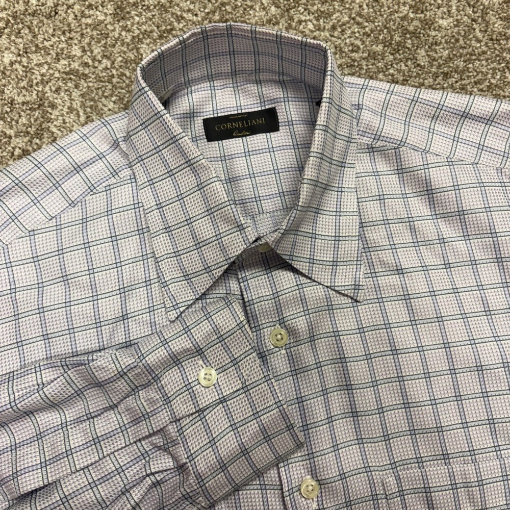 Corneliani Button Down Shirt Mens Medium 40 Grid Check Long Sleeve Made in Italy